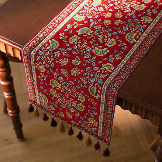 Ownkoti Vintage Branch Jacquard Tassel Table Runner - Red - 13'' × 118'' - image 0