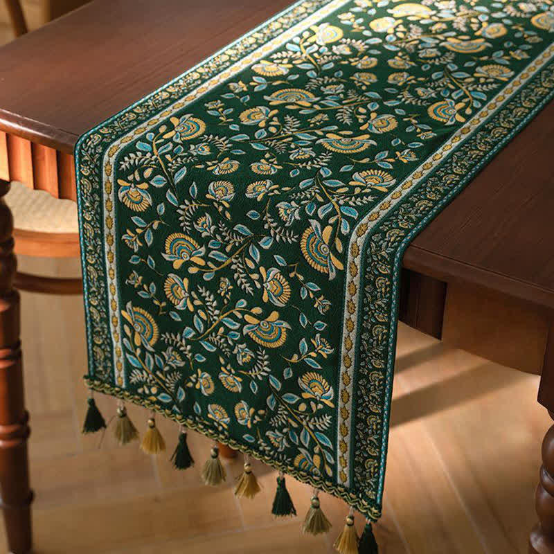 Ownkoti Vintage Branch Jacquard Tassel Table Runner - Green - 13'' × 118'' - image 5