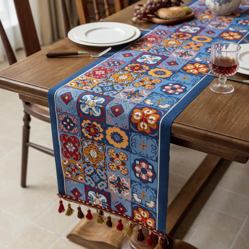 Ownkoti Geometric Pattern Jacquard Tassel Table Runner - 13'' × 118'' - image 0
