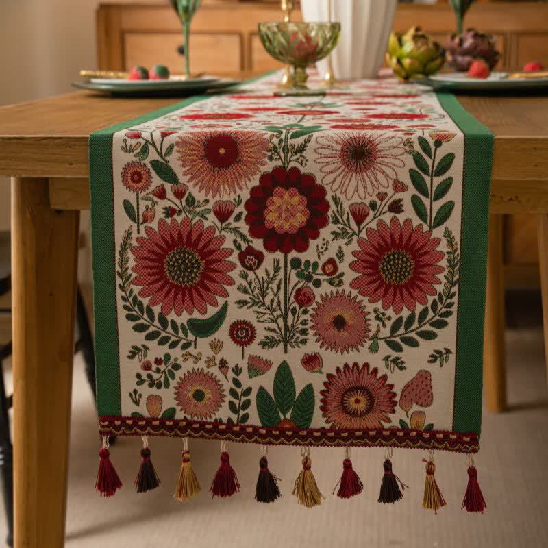 Ownkoti Pink Floral Jacquard Tassel Table Runner - image 1