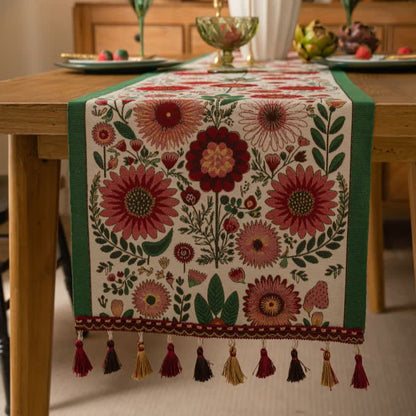 Ownkoti Pink Floral Jacquard Tassel Table Runner - image 1