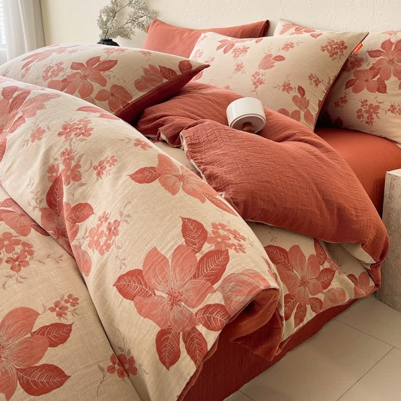 Ownkoti Floral Leaf Cotton Double Gauze Bedding Set(4PCS) - image 0