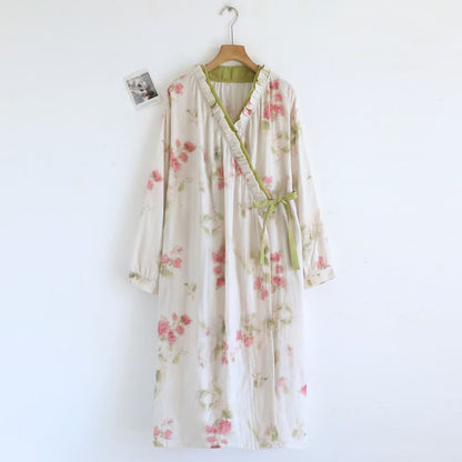 Ownkoti Watercolor Floral Cotton Gauze Kimono Nightgown - Green - L - image 0