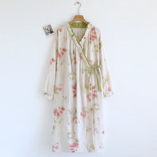 Ownkoti Watercolor Floral Cotton Gauze Kimono Nightgown - Green - L - image 0