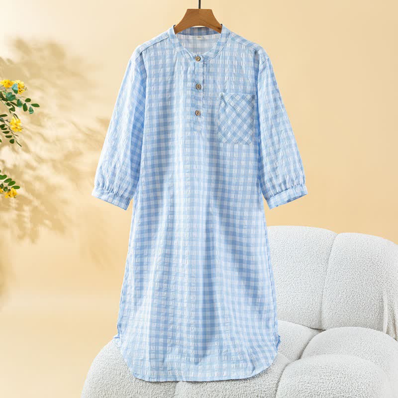 Ownkoti Classic Plaid Pure Cotton Nightgown - Blue - XL - image 5