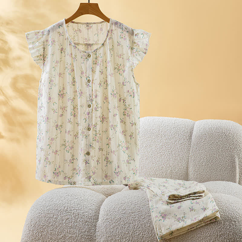 Ownkoti Rose Cotton Flutter Sleeve Loungewear Set - Apricot - XL - image 0