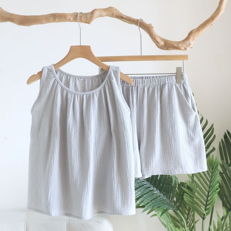 Ownkoti Cotton Double Gauze Tank Top & Shorts Set - Blue Grey - XL - image 2