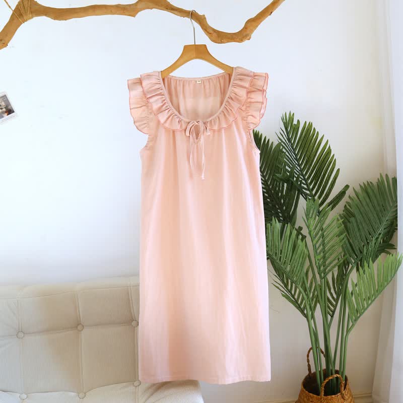 Ownkoti Cotton Gauze Solid Flutter Sleeve Nightdress - Pink - XL - image 4