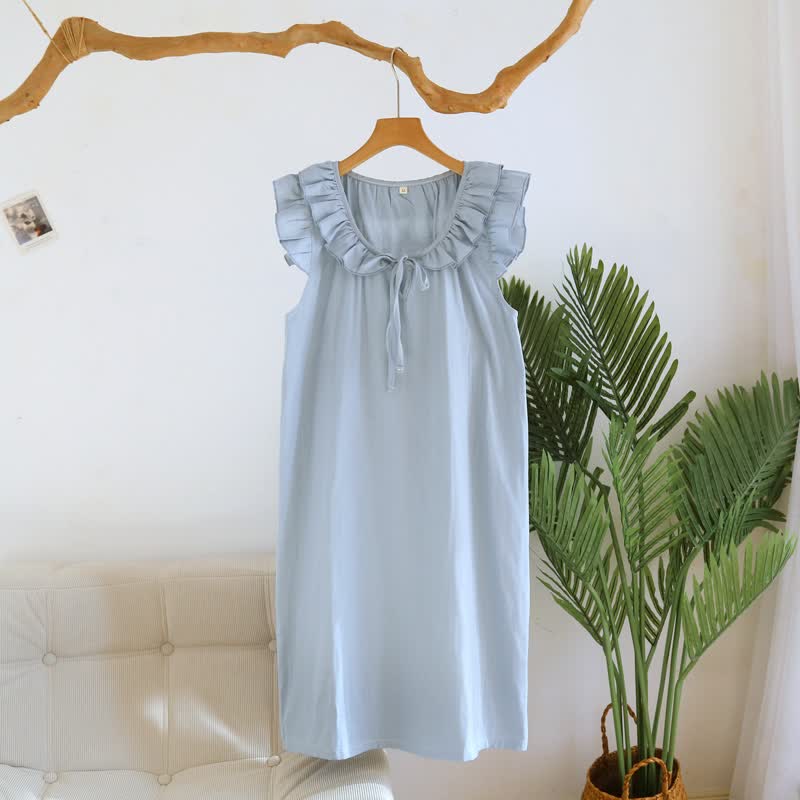 Ownkoti Cotton Gauze Solid Flutter Sleeve Nightdress - Blue - XL - image 14