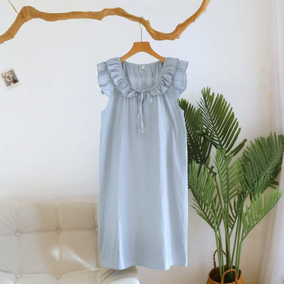 Ownkoti Cotton Gauze Solid Flutter Sleeve Nightdress - Blue - XL - image 14