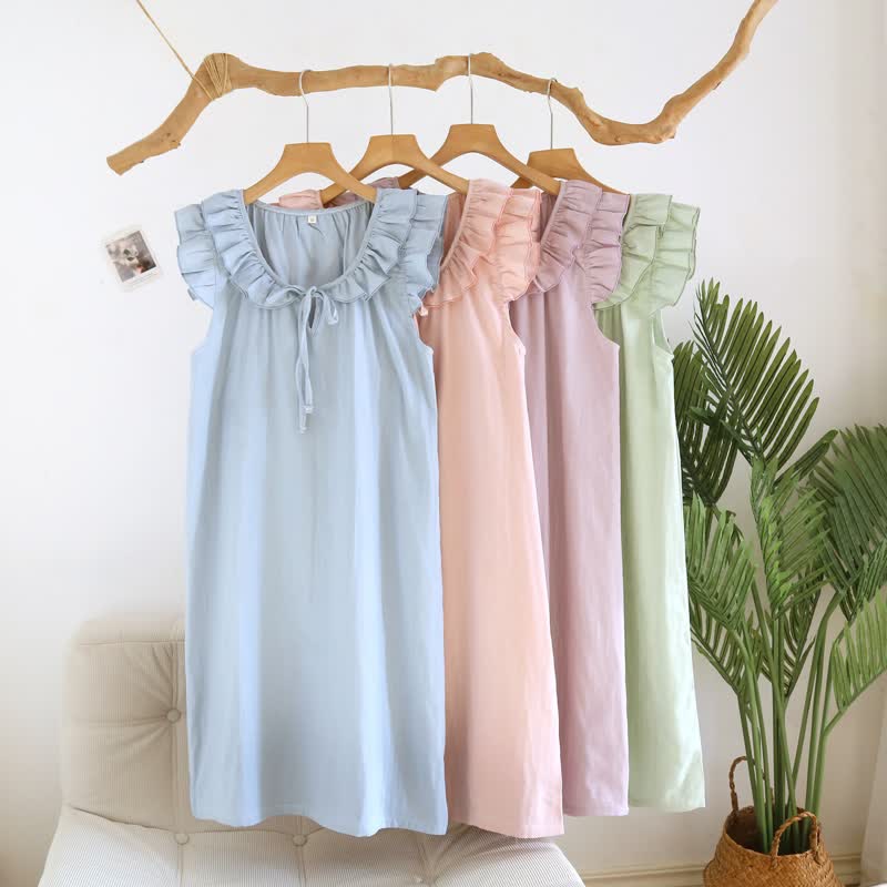 Ownkoti Cotton Gauze Solid Flutter Sleeve Nightdress - image 1