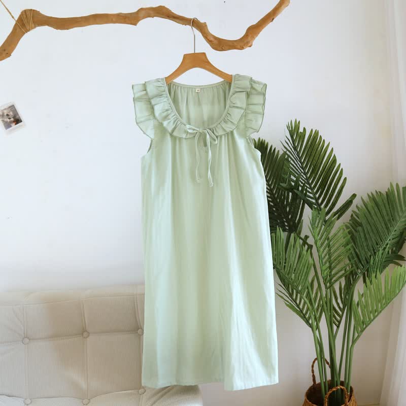 Ownkoti Cotton Gauze Solid Flutter Sleeve Nightdress - Light Green - XL - image 13