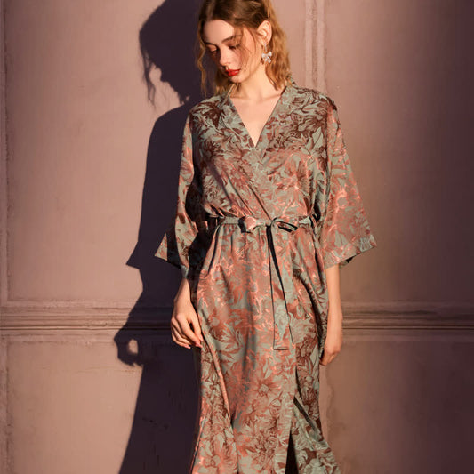 Ownkoti Artistc Floral Inspired 3/4 Sleeve Robe - Red & Green - Plus Size - image 0