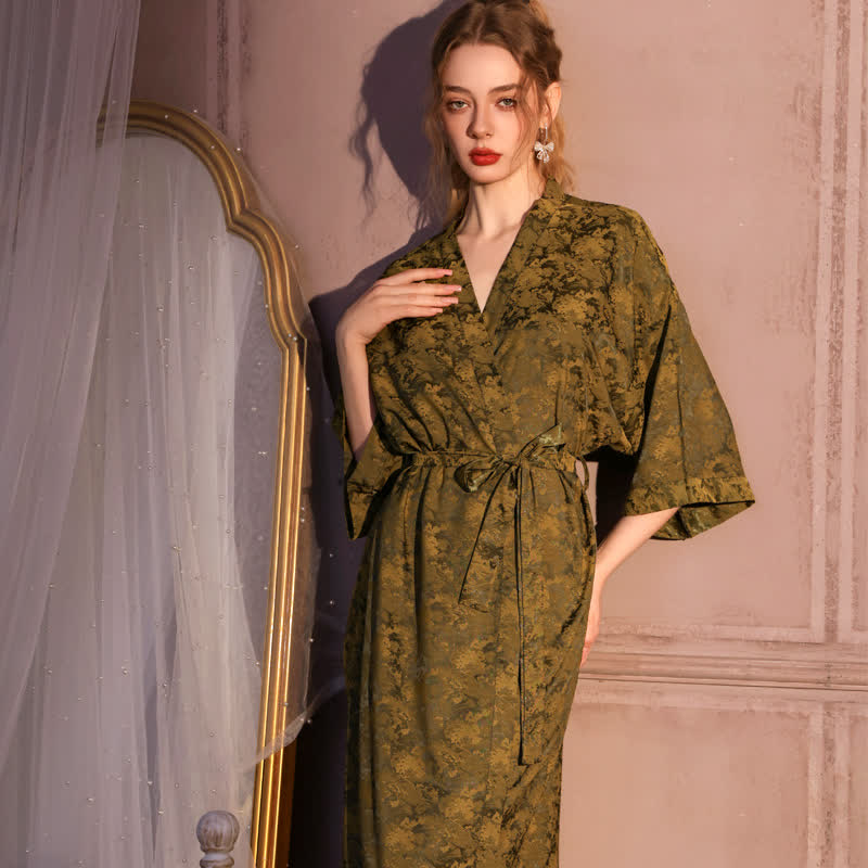 Ownkoti Artistc Jacquard Inspired 3/4 Sleeve Robe - Olive Green - Plus Size - image 0