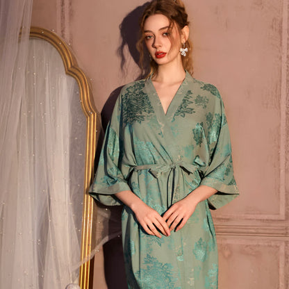 Ownkoti Luxury Floral 3/4 Sleeve Kimono Robe - Green - Plus Size - image 0