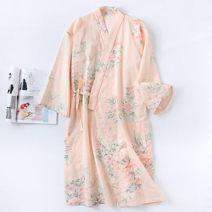 Ownkoti Pink Floral Cotton Gauze Kimono Robe - Orange - L - image 9