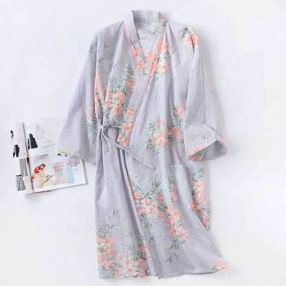 Ownkoti Pink Floral Cotton Gauze Kimono Robe - Blue - L - image 10