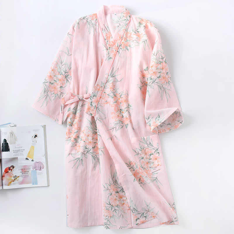 Ownkoti Pink Floral Cotton Gauze Kimono Robe - Pink - L - image 2