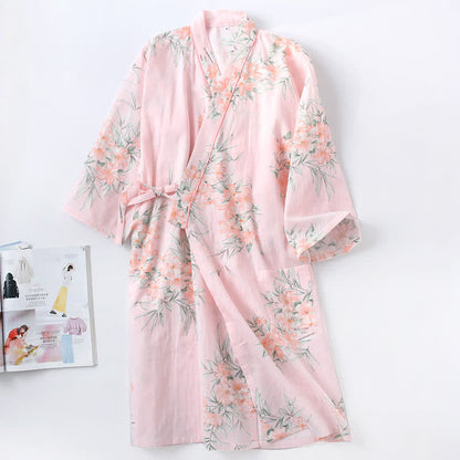 Ownkoti Pink Floral Cotton Gauze Kimono Robe - Pink - L - image 2