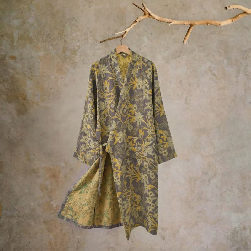 Ownkoti Pastoral Floral Jacquard Kimono Cotton Robe - Brown - XXL - image 19
