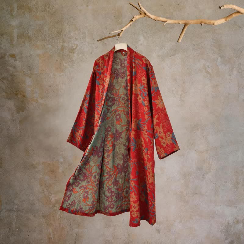 Ownkoti Pastoral Floral Jacquard Kimono Cotton Robe - Red - XXL - image 0