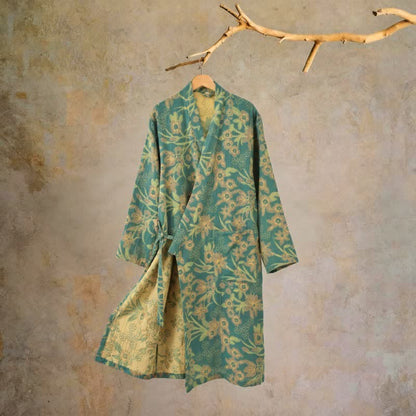 Ownkoti Pastoral Floral Jacquard Kimono Cotton Robe - Green - XXL - image 6