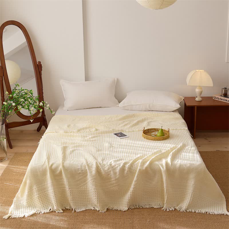 Ownkoti Cotton Waffle Weave Tassel Quilt Blanket - Yellow - Queen - image 4