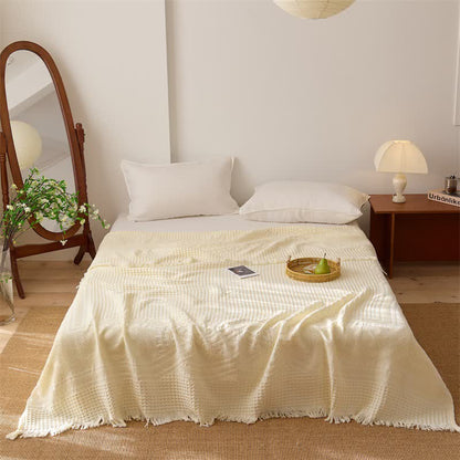 Ownkoti Cotton Waffle Weave Tassel Quilt Blanket - Yellow - Queen - image 4