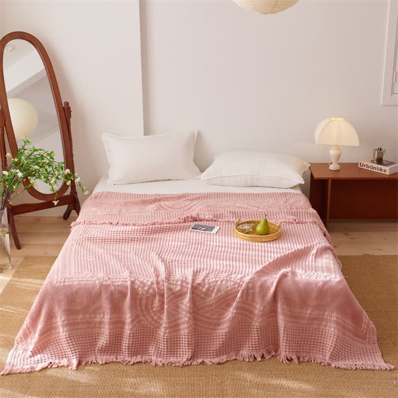 Ownkoti Cotton Waffle Weave Tassel Quilt Blanket - Pink - Queen - image 2