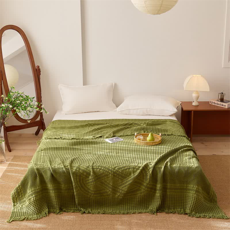 Ownkoti Cotton Waffle Weave Tassel Quilt Blanket - Green - Queen - image 6