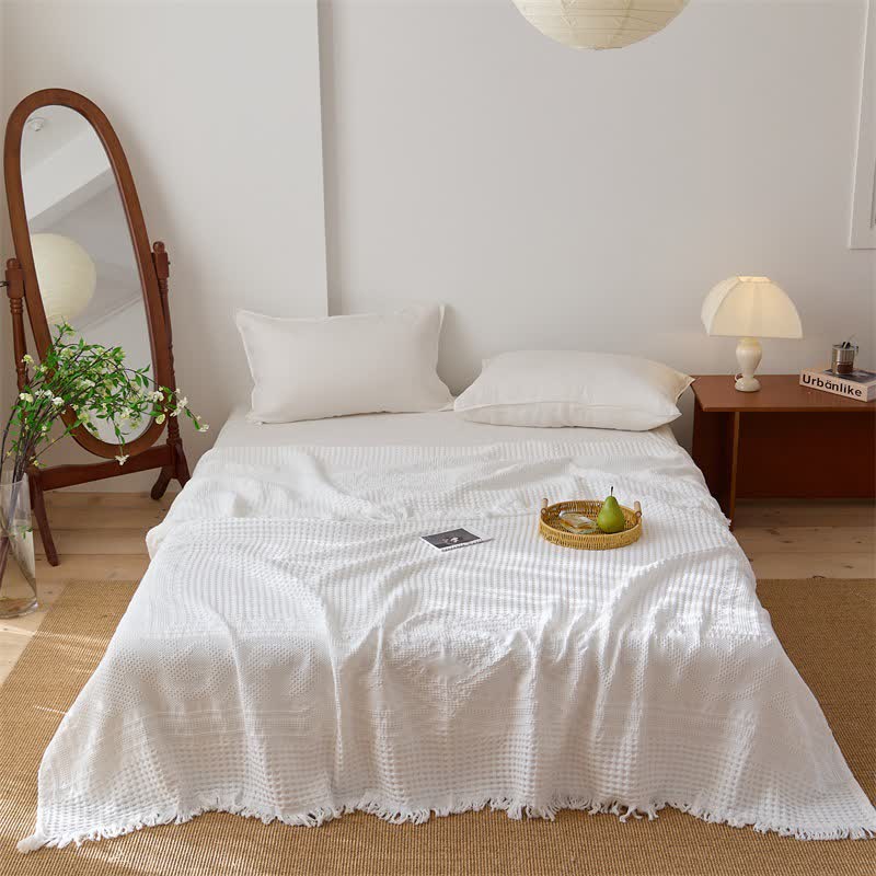 Ownkoti Cotton Waffle Weave Tassel Quilt Blanket - White - Queen - image 3