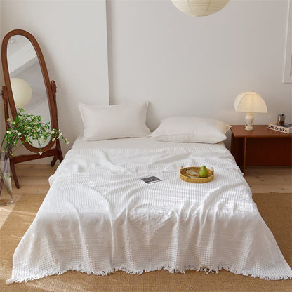 Ownkoti Cotton Waffle Weave Tassel Quilt Blanket - White - Queen - image 3