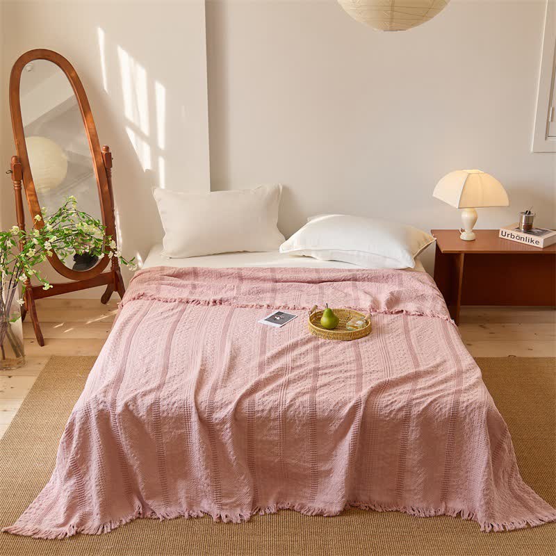 Ownkoti  Waffle Weave Quilt Blanket with Tassel Fringe - Light Pink - Queen - image 5