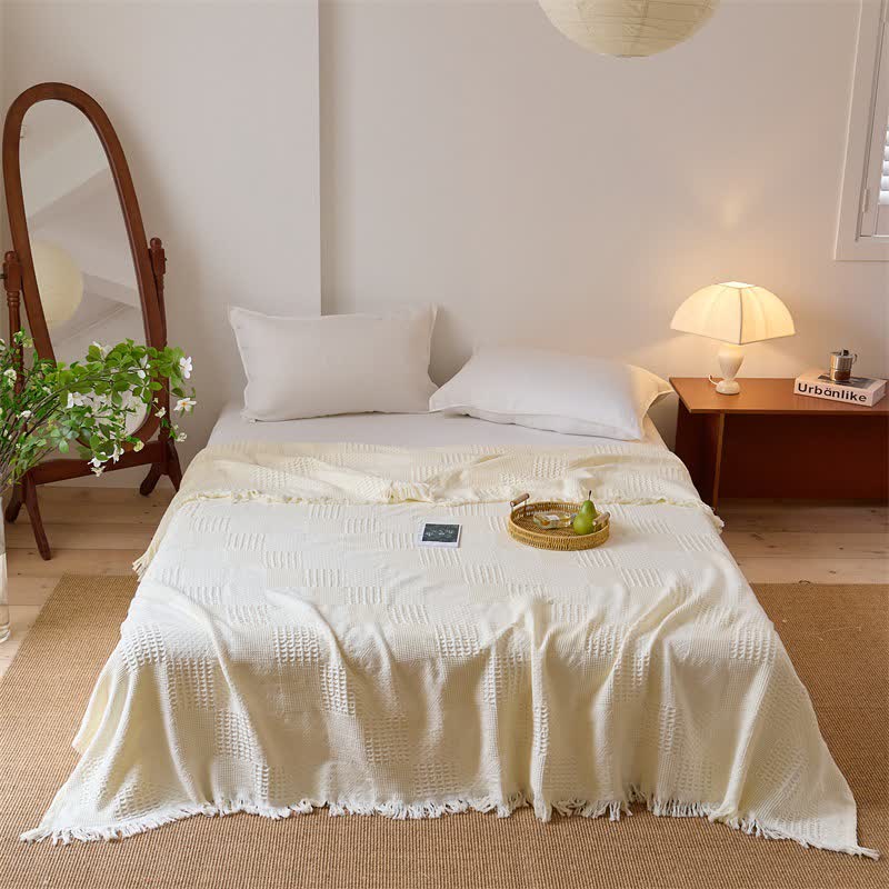 Ownkoti Checkerboard Waffle Cotton Quilt Blanket - Beige - Queen - image 6
