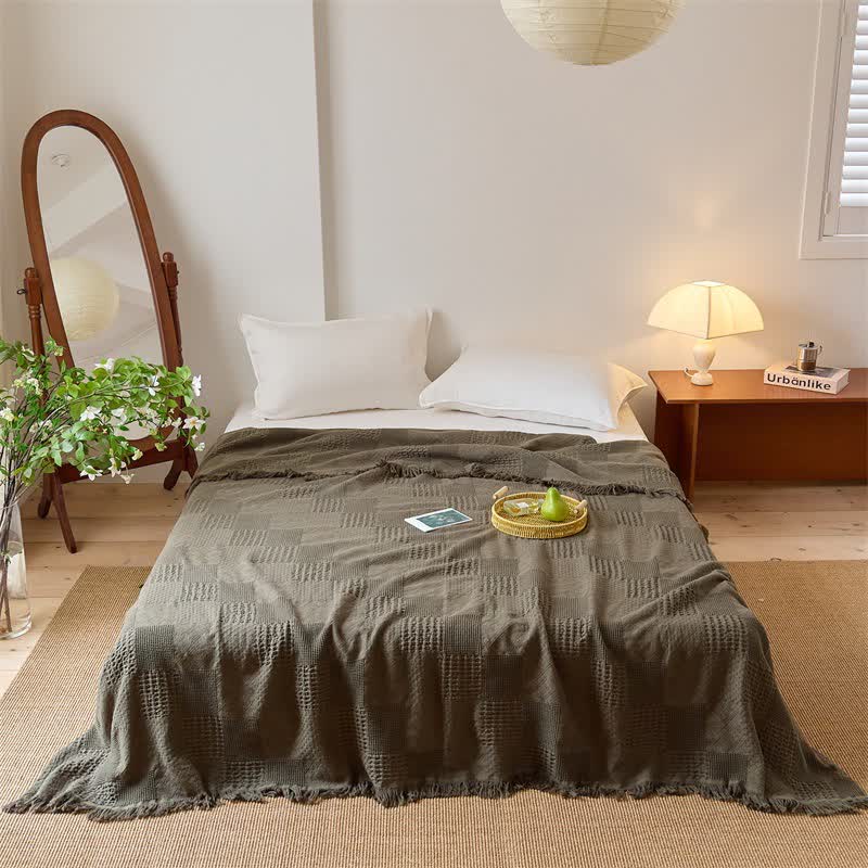 Ownkoti Checkerboard Waffle Cotton Quilt Blanket - Dark Green - Queen - image 4