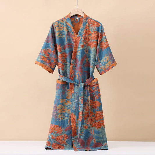 Ownkoti Artistic Plant Cotton Double Gauze Robe - Blue & Orange - XL - image 0
