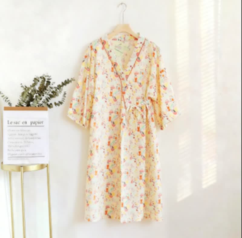 Ownkoti Cute Bunny & Moon Kimono Nightdress - Beige - XXL - image 0