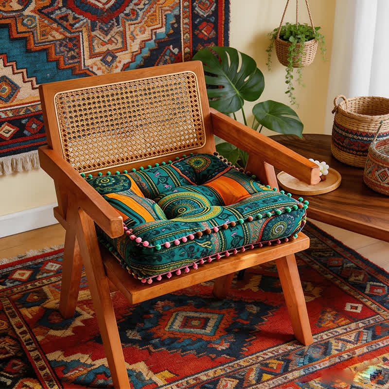 Ownkoti Bohemian Cotton Linen Ethnic Chair Pad - Green - 16"W x 16"L x 3"H - image 1