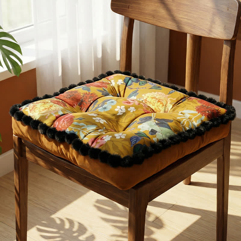 Ownkoti Vintage Floral Seat Cushion with Pom-Pom Trim - image 6