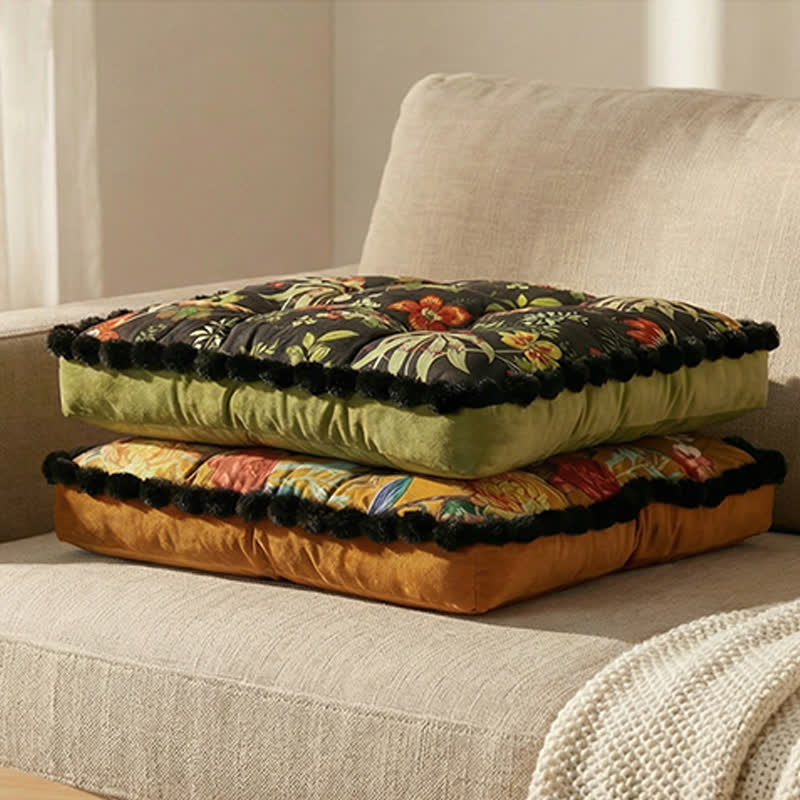 Ownkoti Vintage Floral Seat Cushion with Pom-Pom Trim - image 3