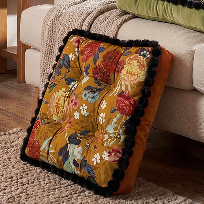 Ownkoti Vintage Floral Seat Cushion with Pom-Pom Trim - image 5