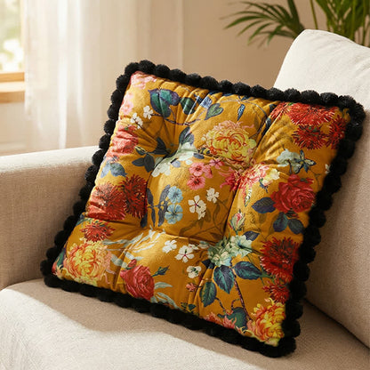 Ownkoti Vintage Floral Seat Cushion with Pom-Pom Trim - Yellow - 16"W x 16"L x 3"H - image 4