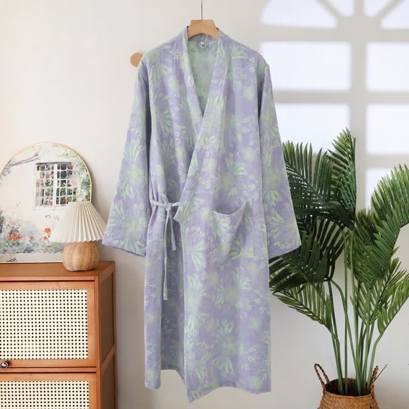 Ownkoti Peach Blossom Cotton Double Gauze Kimono Robe - Purple - XXL - image 1