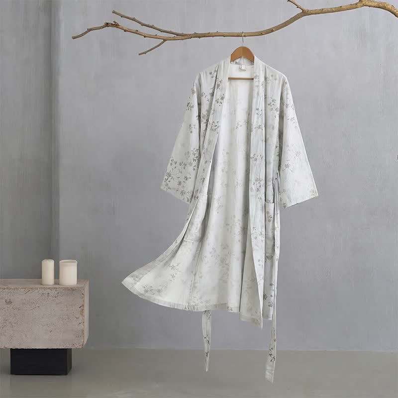Ownkoti Elegant Floral Cotton Linen Kimono Robe - Gray - XXL - image 4
