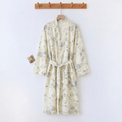 Ownkoti Pastoral Floral Cotton Linen Kimono Robe - Beige - XXL - image 0
