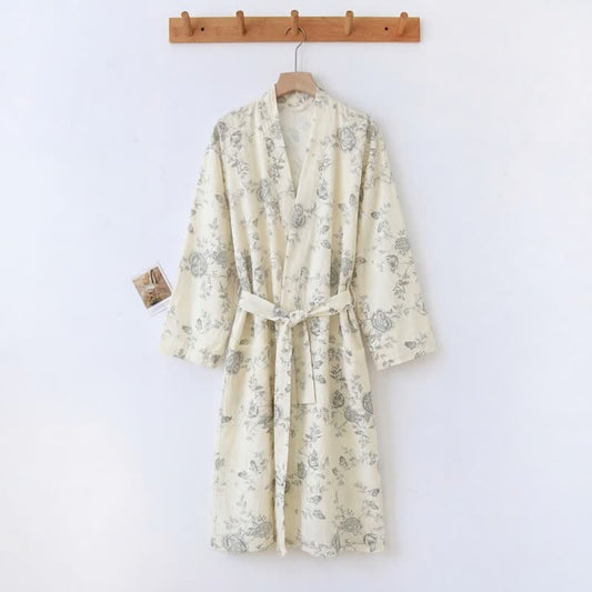 Ownkoti Pastoral Floral Cotton Linen Kimono Robe - Beige - XXL - image 0