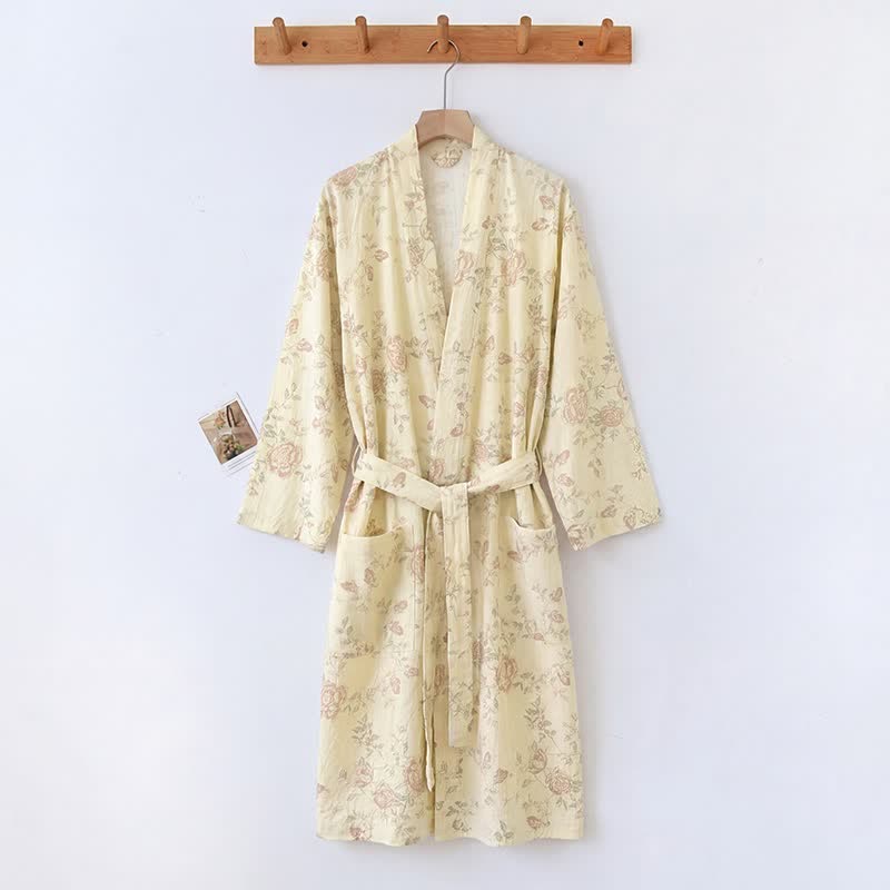 Ownkoti Pastoral Floral Cotton Linen Kimono Robe - Light Yellow - XXL - image 5