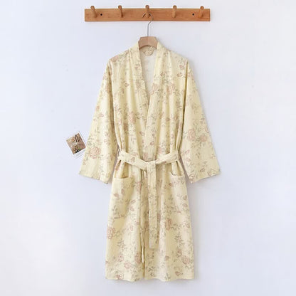 Ownkoti Pastoral Floral Cotton Linen Kimono Robe - Light Yellow - XXL - image 5