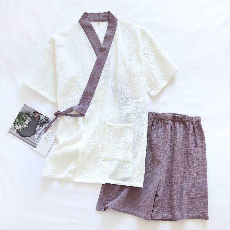 Ownkoti Japanese-Style Cotton Gauze Short Sleeve Pajama Set - Purple - XL - image 3