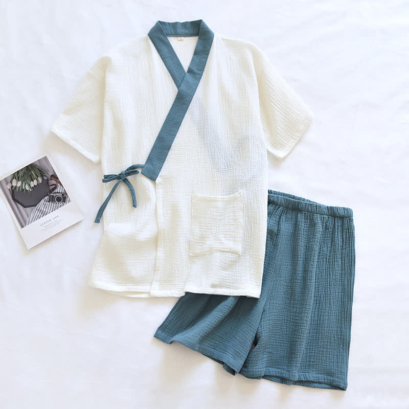 Ownkoti Japanese-Style Cotton Gauze Short Sleeve Pajama Set - Lake Blue - XL - image 4